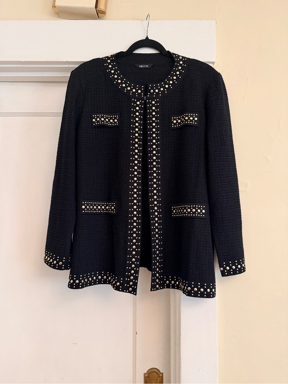 Misook Studded Jewel Neck Black Knit Jacket Gold Studs
